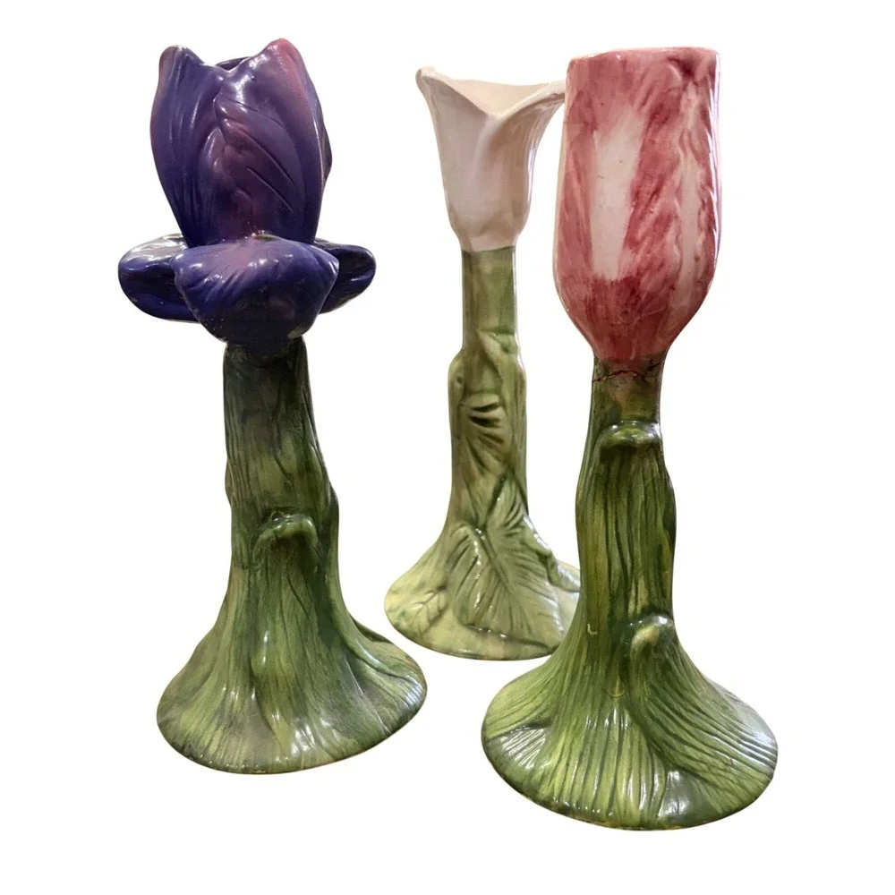 Set of 3 Bud Vases Hand-Painted Ceramic Floral Green Leafy Stems 7.5